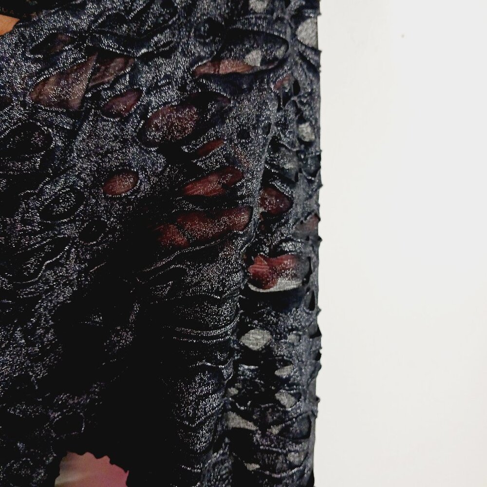 BCBG Maxazria, NWT Black Gunmetal Sheer Shiny Leggings W 3D Cutout Overlay, Goth - Picture 3 of 16